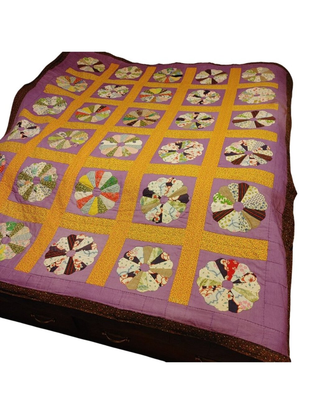 Dresden Plate Quilt 84 by 78 Handmade Vintage Squares Multi Color Patchwork